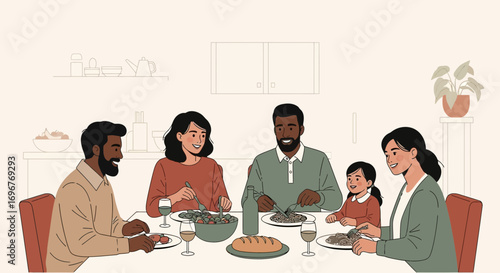 Family Dinner Illustration Depicting Happiness, Unity, And A Warm Home Setting