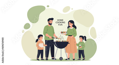 Family Enjoying Outdoor Barbecue Together Preparing Delicious Meal with Children Having Fun