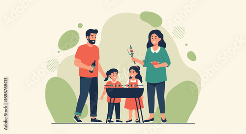 Family Gathering Around Grill and Enjoying Outdoor Leisure Activities Together
