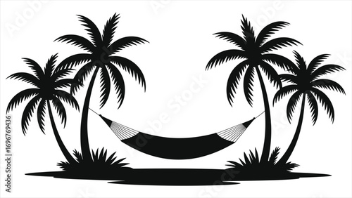 Tropical Resort Hammock Silhouette Vector – Black Palm Trees, Hammock Between Palms, Beach Relaxation, Minimalist White Background, Travel Vacation Illustration