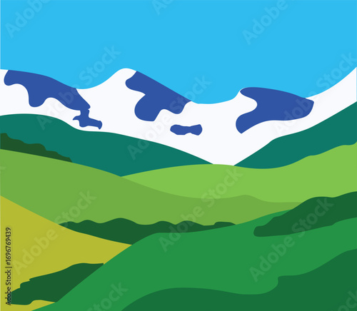 Flat natural illustration with mountains,forests,field and sky