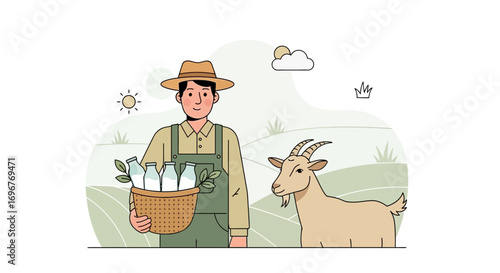 Farmer And Goat With Milk, Illustration Depicting Rural Life And Agricultural Production