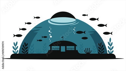 Stunning Underwater Hotel Aquarium Illustration: Futuristic Dome with Fish & Marine Life, Ocean Resort Concept, Scenic Submarine Architecture, Travel & Tourism Graphic Design