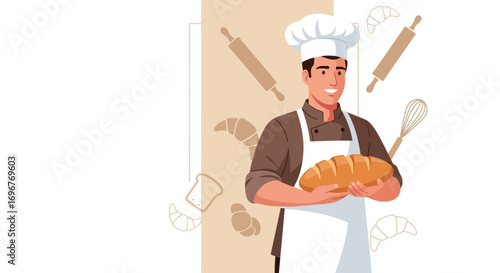 Happy Baker Holding Fresh Loaf Of Baked Bread With Baking Tools Vector Illustration