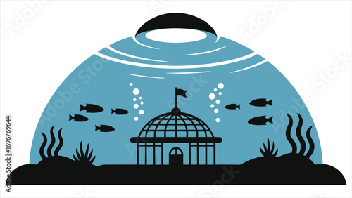 Whimsical Underwater Hotel Aquarium Illustration: Silhouette of Submerged Glass Dome Resort with Fish, Coral, and Bubbles, Futuristic Ocean Retreat, Travel & Tourism Concept Art, Minimalist Vector 