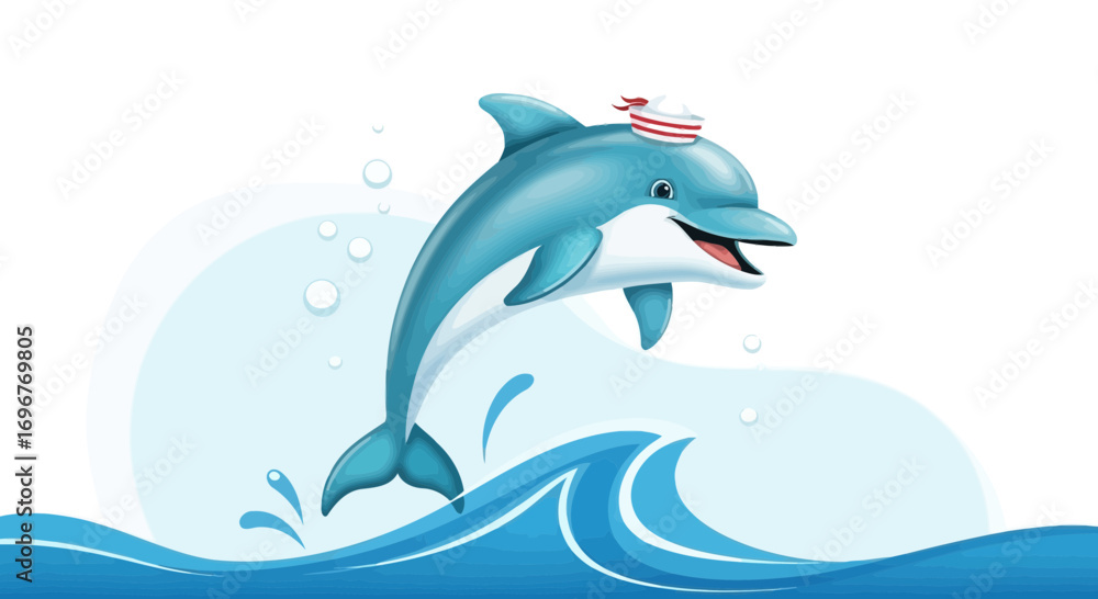 Obraz premium Happy Cartoon Dolphin Wearing Sailor Hat Splashing on Waves Under Cloudy Blue Sky