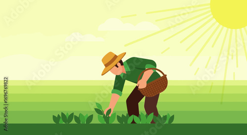 Farmer Harvesting Crops Under Sunny Skies In Peaceful Agricultural Landscape