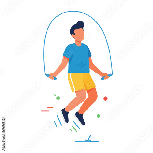A person is shown jumping rope, demonstrating a fitness activity. The individual is in motion, with the rope overhead.