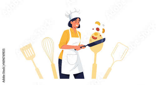 Happy Chef Making Pancakes, Cooking Food, Frying Pan, Kitchen Utensils, And Cookware.