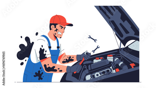 Mechanic working on Car engine: An illustrative image captures a dedicated mechanic, covered in grease and dirt, diligently working on an engine