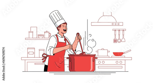 Happy Chef Stirring Big Pot In A Kitchen Preparing Delicious Culinary Creations
