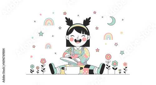 Happy Child Cook Smiling, Surrounded by Floral, Rainbows, and Celestial Motifs Illustration