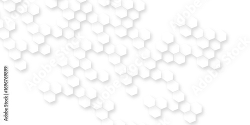 White hexagon abstract background, seamless geometric honeycomb pattern, clean minimal futuristic surface, 3D texture design for technology, corporate, digital, presentation, website, wallpaper.