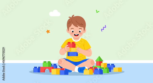 Happy Child Playing With Colorful Building Blocks, Creative Fun and Education Concept