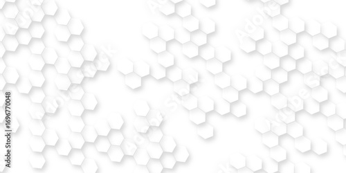 White hexagon abstract background, seamless geometric honeycomb pattern, clean minimal futuristic surface, 3D texture design for technology, corporate, digital, presentation, website, wallpaper.