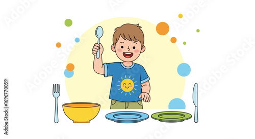Happy Child Preparing For Mealtime Using Cutlery And Smiling At The Viewer