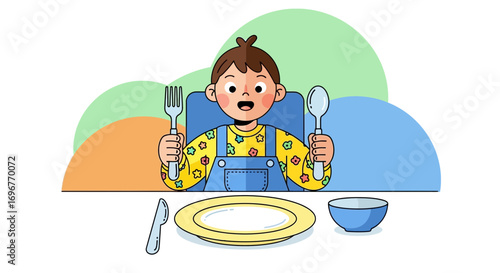 Happy Child Ready To Eat Breakfast, Dinner, Or Any Meal On A Clean Table