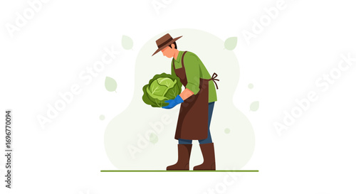 Farmer Harvesting Immense Cabbage, Depicting Agricultural Labor, In Green Shades
