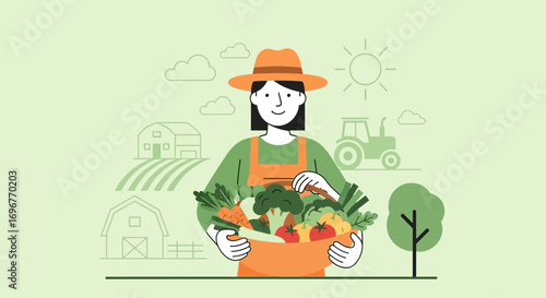 Farmer Holding A Basket Of Freshly Harvested Vegetables On A Sunny Farm Day