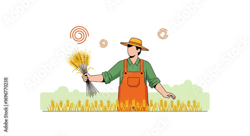 Farmer Holding a Wheat Bunch Harvesting Crops on a Sunny Day Field Animation