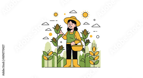 Happy Farmer Woman Harvesting Corn In A Sunny Agricultural Field Landscape