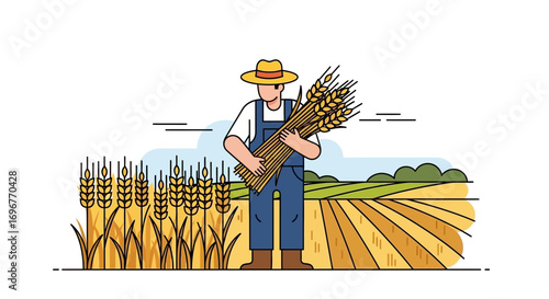 Farmer Holding Wheats After Harvest at the Field in a Line Art Illustration