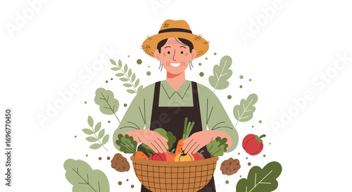 Farmer Presenting a Basket of Freshly Harvested Garden Vegetables and Produce