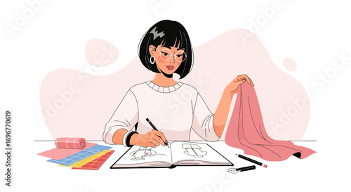 Fashion Designer Crafting Sketches With Fabric Drape And Color Palette For Project