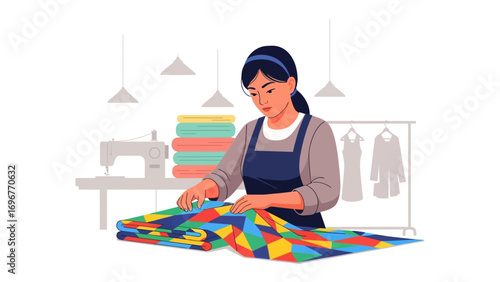 Artisan's Precision: A skilled artisan, draped in an apron, delicately unfolds a vibrant quilt, showcasing meticulous craftsmanship in a well-lit atelier setting. 