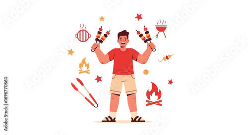 Happy Man Ready For Barbeque Grilling Shish Kebabs on A Lovely Summertime