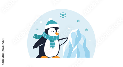 Happy Penguin in Winter Scene Beside an Ice Berg Wearing a Cozy Hat and Scarf