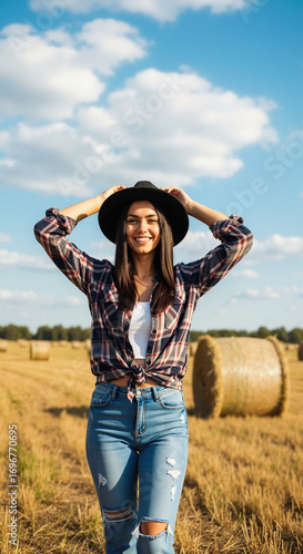 Happy woman in a hat smiling in a country hay field. Stylish cowgirl in a plaid shirt and jeans enjoying a sunny day. Rural lifestyle concept with copy space