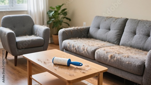 Pet Hair Covers Furniture in a Living Room With a Cozy Atmosphere and a Green Plant