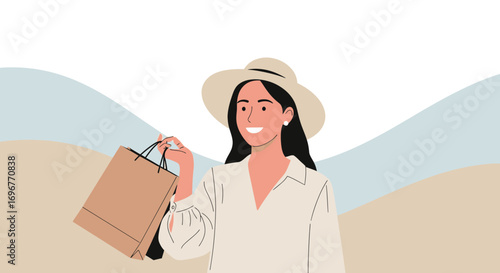 Happy Woman After Shopping With Beige Hat and Shirt, Paper Bag and Smiling for Adobe Stock