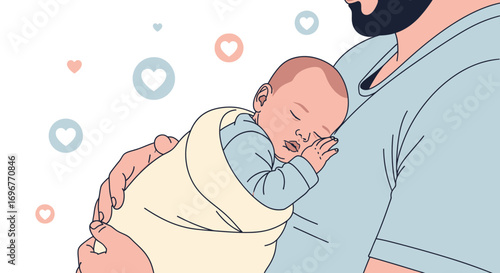 Father's Tender Embrace: A Peaceful Newborn Child Resting on His Chest