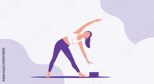 Female Athlete Demonstrating Yoga Pose on Purple Mat Illustration, Healthy Living Concept