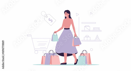 Happy Woman Enjoying Shopping, Carrying Many Colorful Bags, Spending Money at Boutique
