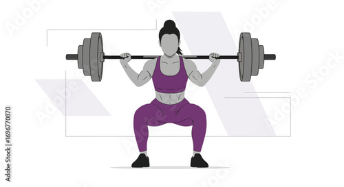 Female Athlete Performing Squats Exercise With Weighted Barbell For Strength Training And Fitness
