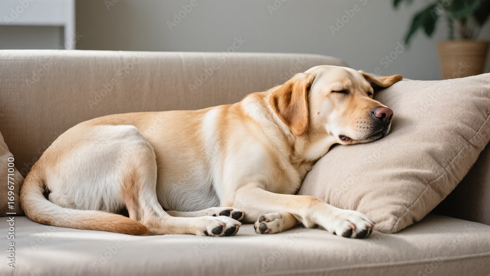 Obraz premium Relaxing Dog Peacefully Sleeps on a Couch With a Comfy Pillow During Daytime
