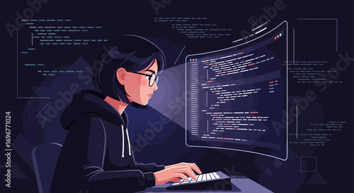 Female Developer Working On Code Illustration, Coding, Programming, And Technology Concepts