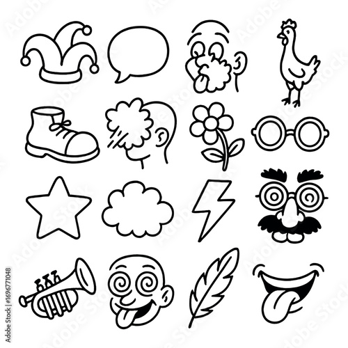 Collection of simple doodle icons: comedy, humor, and quirkiness
