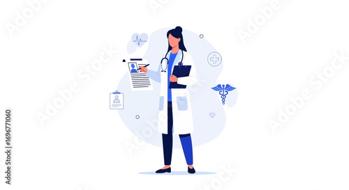 Female Doctor Examining Medical Chart In Hospital Environment Giving Important Advice