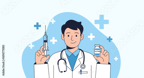 Healthcare Professional Displaying Vaccine and Syringe for Medical Vaccination Illustration