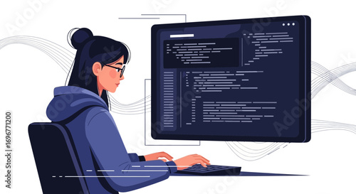 Female Programmer Focused Deeply On Lines Of Code And Computer Programming Process