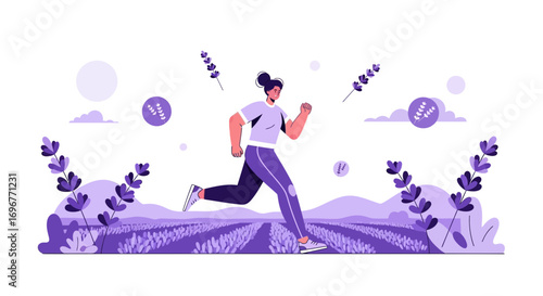 Female Runner Enjoys Exercise in a Lavender Field Environment, Promoting Active Living