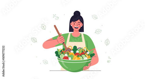 Healthy Eating Habits: A Woman Creating A Colorful And Nutritious Salad Meal