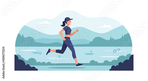 Female Runner Enjoying Scenic Lakeside Vista in Illustrated Outdoor Activity Setting