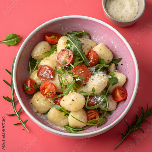 Delicious overhead view of fluffy gnocchi with cherry tomatoes arugula and parmesan cheese