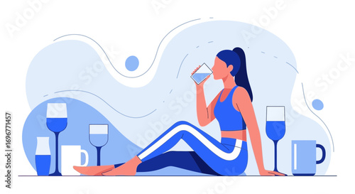 Healthy Woman Rehydrating After Workout With Fresh Drinking Water, Vector Illustration