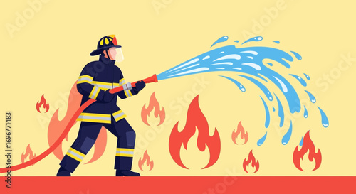 Heroic Firefighter Bravely Fighting Flames With Powerful Water Stream Illustration Design